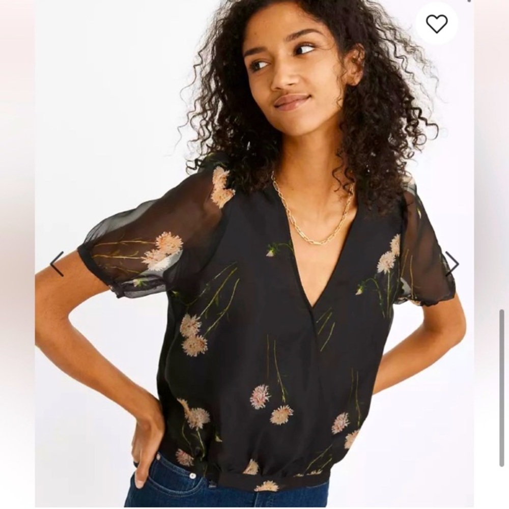 Madewell | black 100% silk floral puff sleeve wrap blouse| Size XS